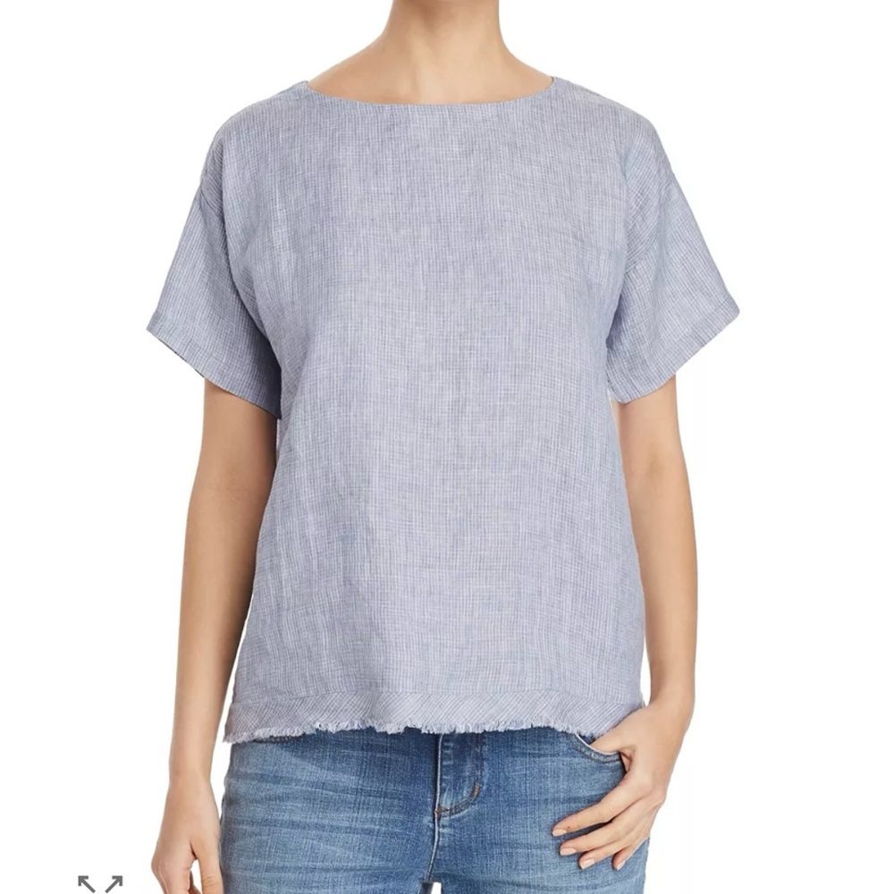 Eileen‎ Fisher  Blue/White Pattern Linen Top size XS Short sleeves Round Neck
